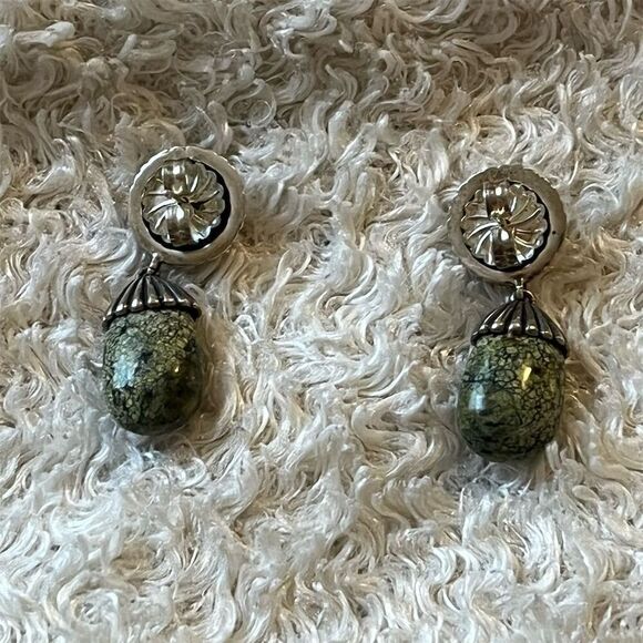 Carolyn Pollack Relios Sterling Silver Green Serpentine Dangle Earrings - Picture 7 of 7